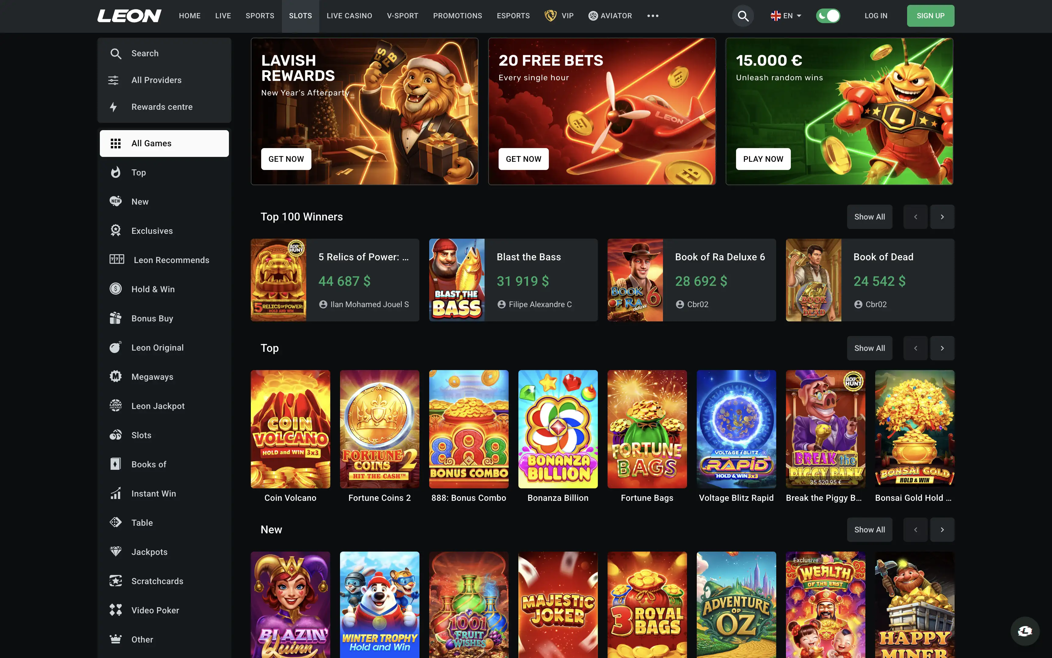 Page d'accueil du casino Leon