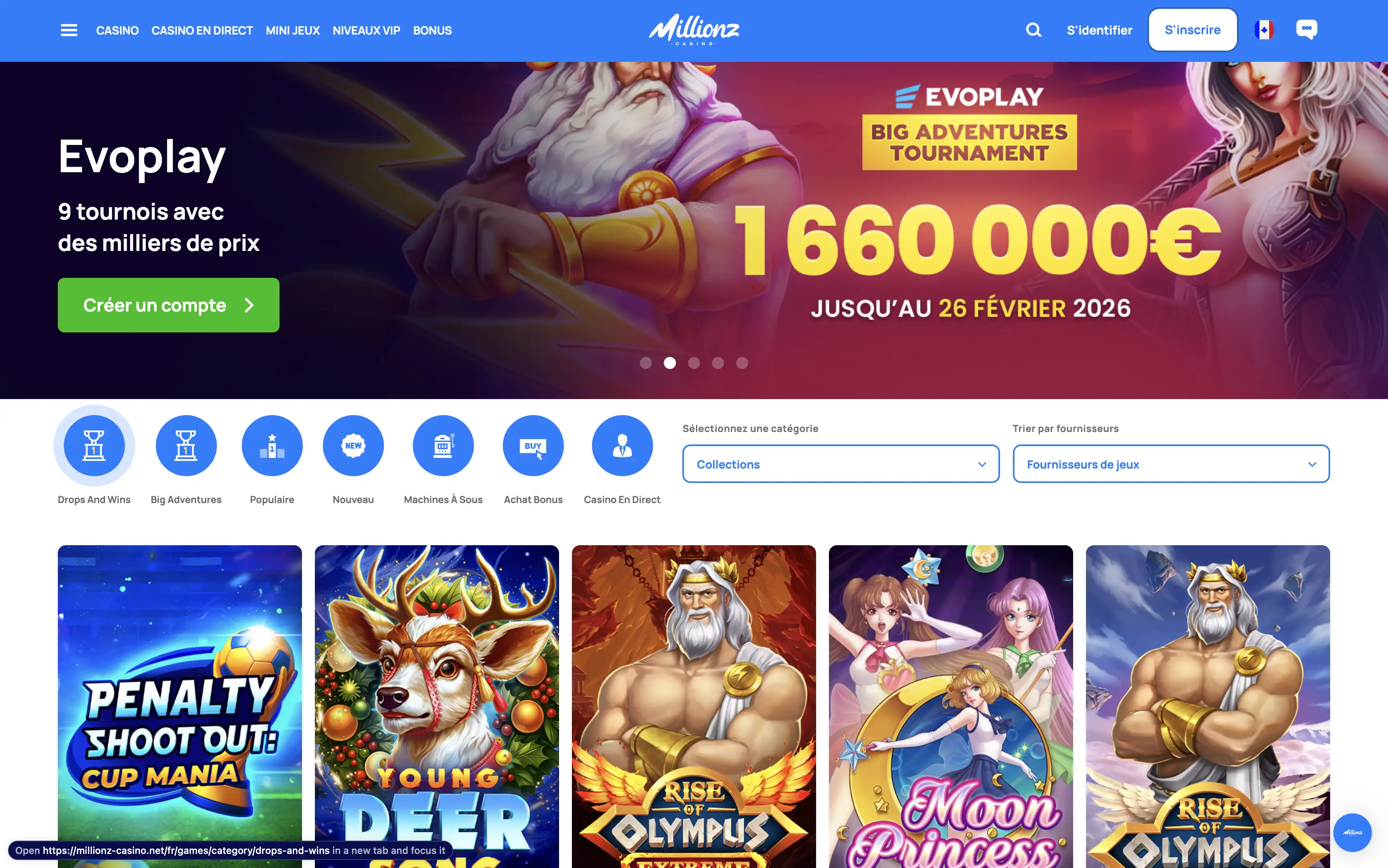 Page d'accueil du casino Millionz