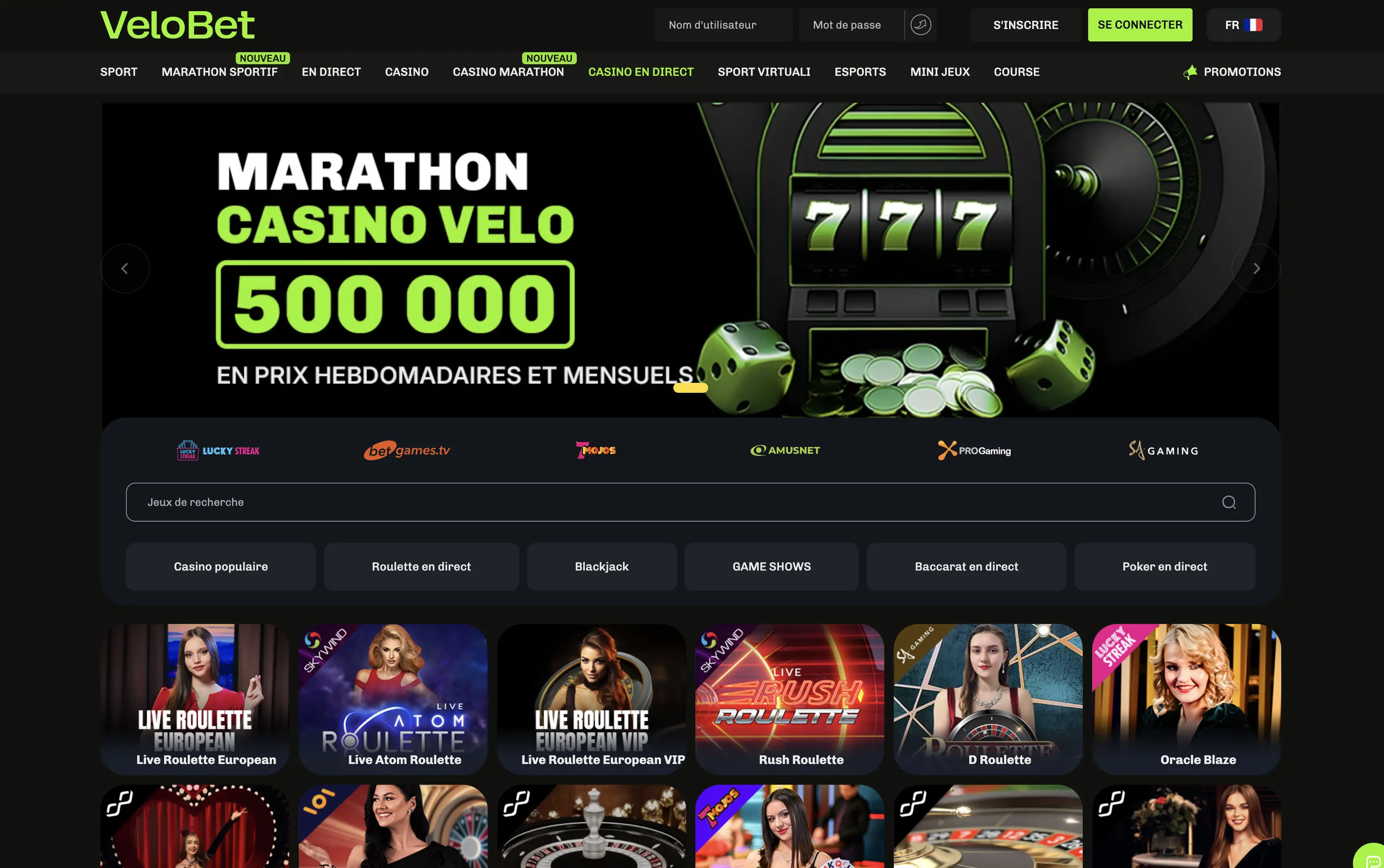 Jeux de casino live sur Velobet