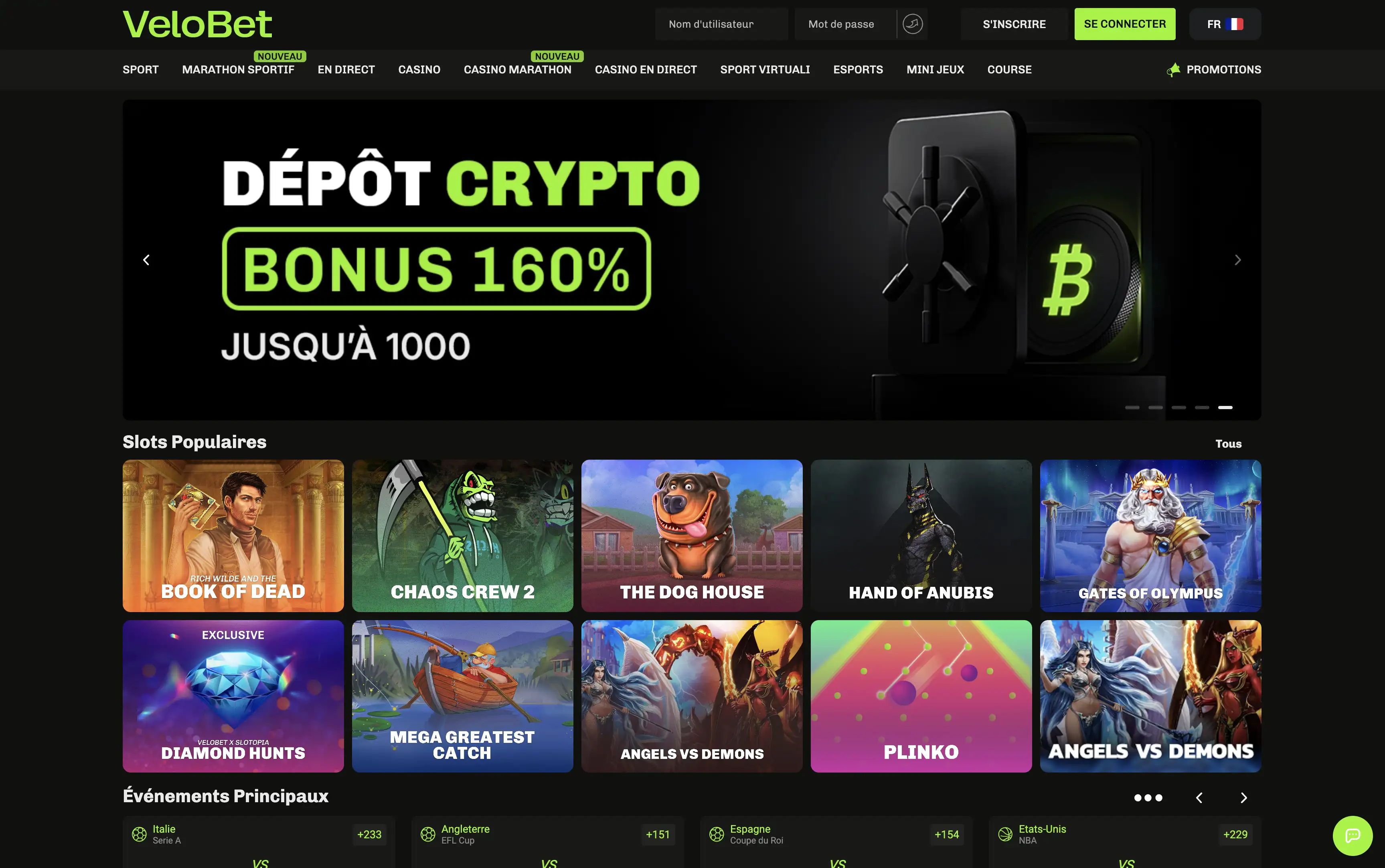 Page d'accueil du casino Velobet